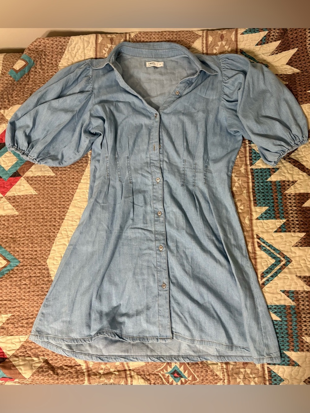 Light Denim Button-Front Dress with Puff Sleeves